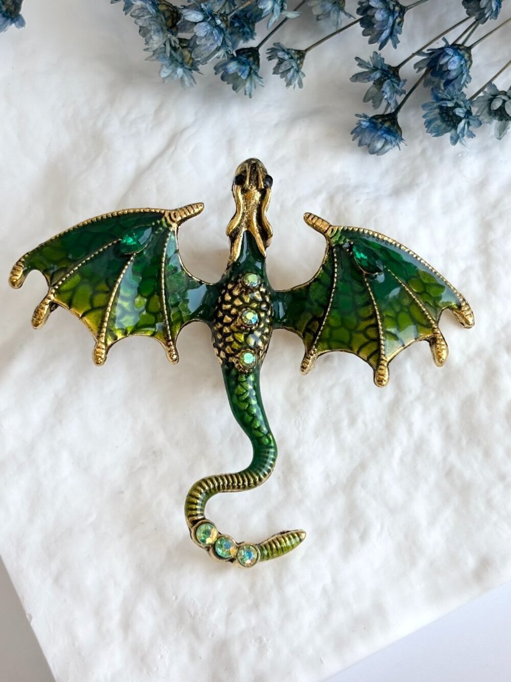 Dragon Figural Green Enameled Rhinestone Accented Gold Toned Brooch Pin